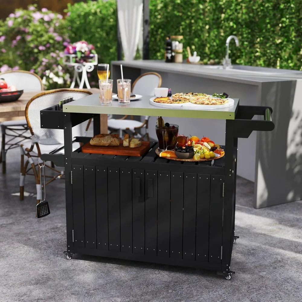 Outdoor Bar Cart With Storage Cabinet Movable Patio Beverage Table
