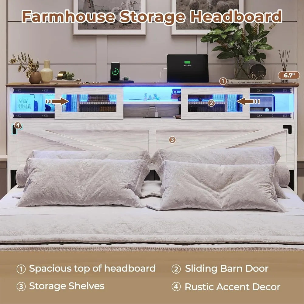 Hignconcerned Farmhouse Bed Frame Queen Bookcase Headboard