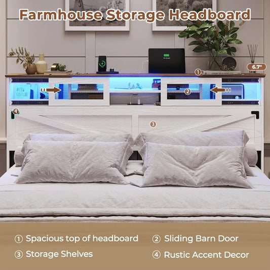 Hignconcerned Farmhouse Bed Frame Queen Bookcase Headboard