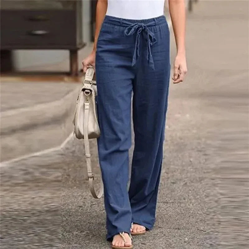 Cotton Linen Women Elastic Waist Straight Pants Beach Casual