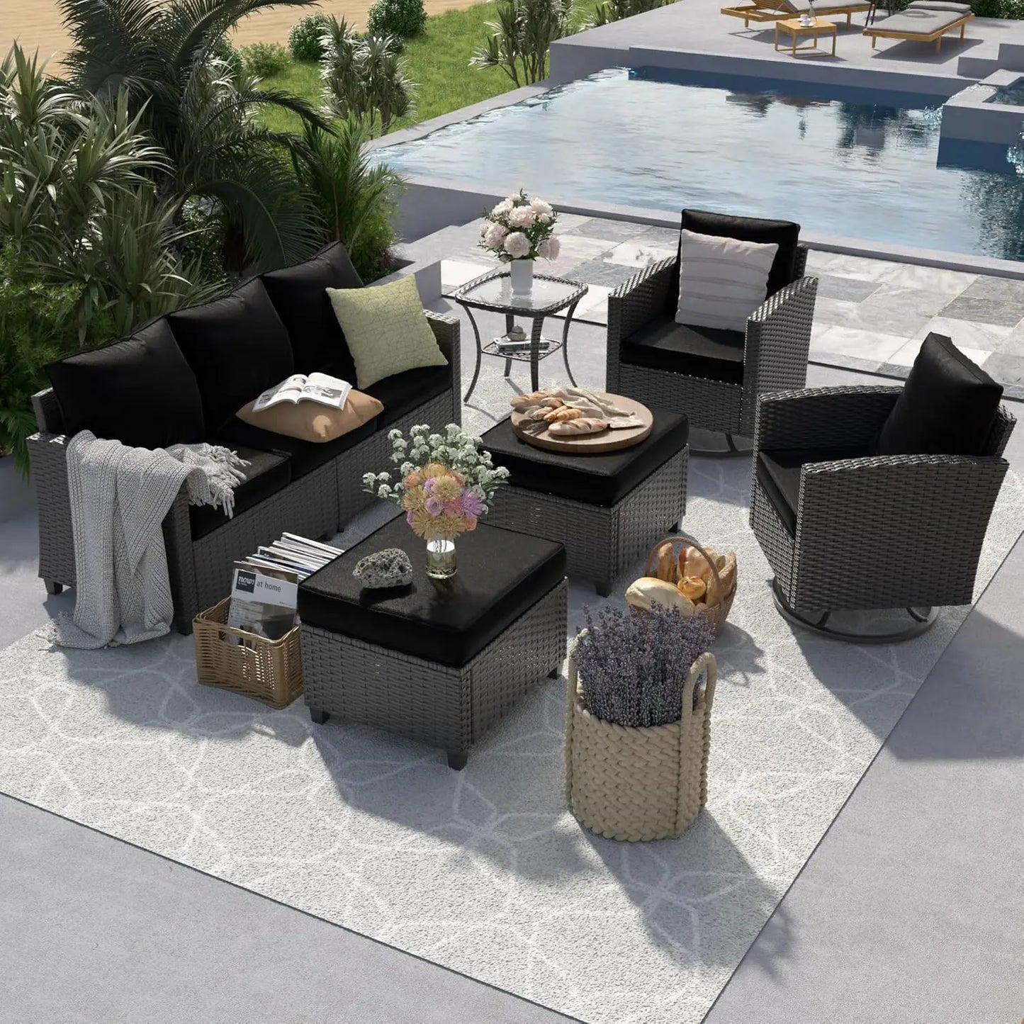 PE Rattan Sectional Sofa Set Swivel Chair Side Table