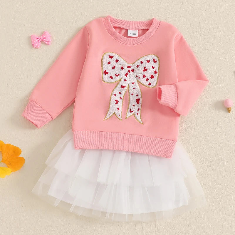 Pudcoco Baby Girl Autumn Set With Bow Sweatshirt And TulleSkirt