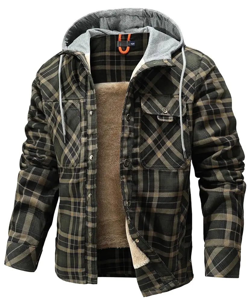 Fujian Mens Winter Hooded Coat Sherpa Lined Plaid Flannel Jacket