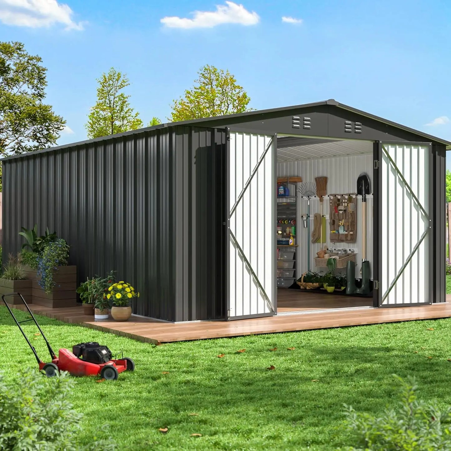 Metal Garden Tool Shed With Lockable Doors Outdoor Storage