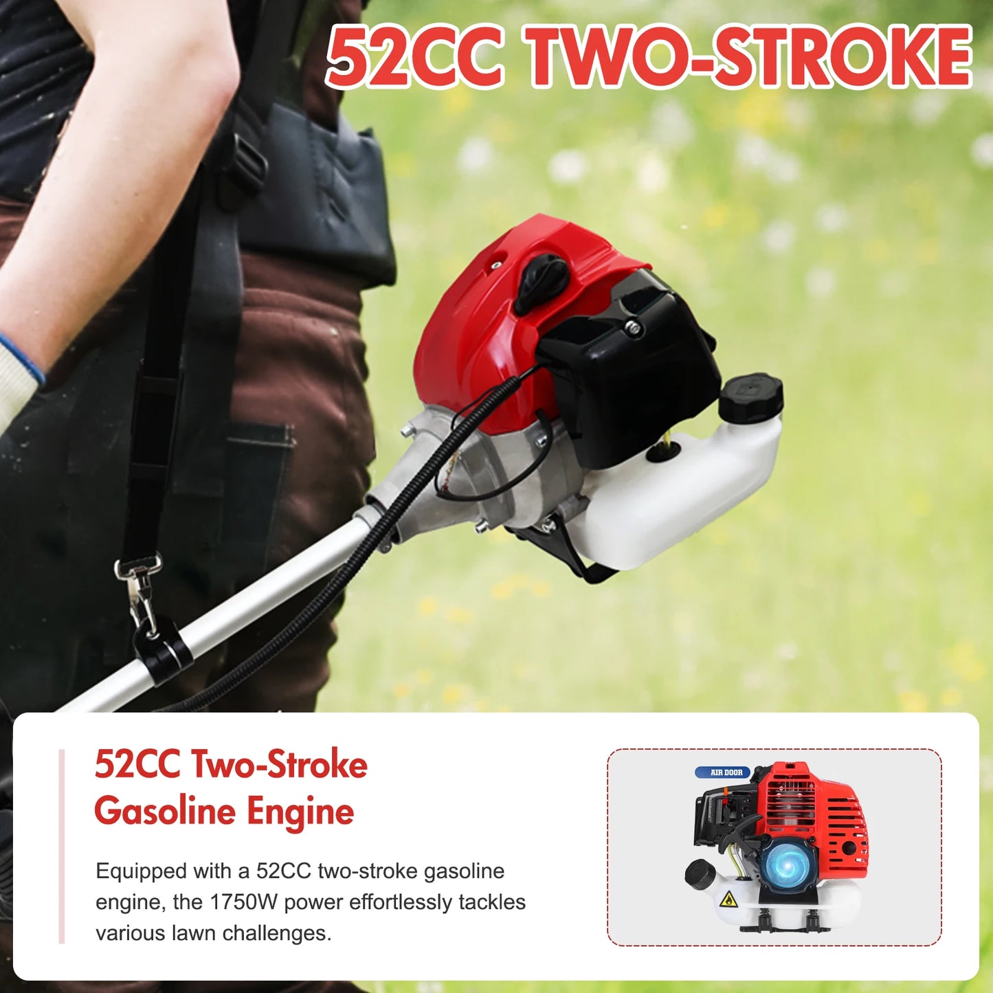 52cc 2-Stroke Gasoline Lawn Mower 4-In-1 System With Adjustable Shaft