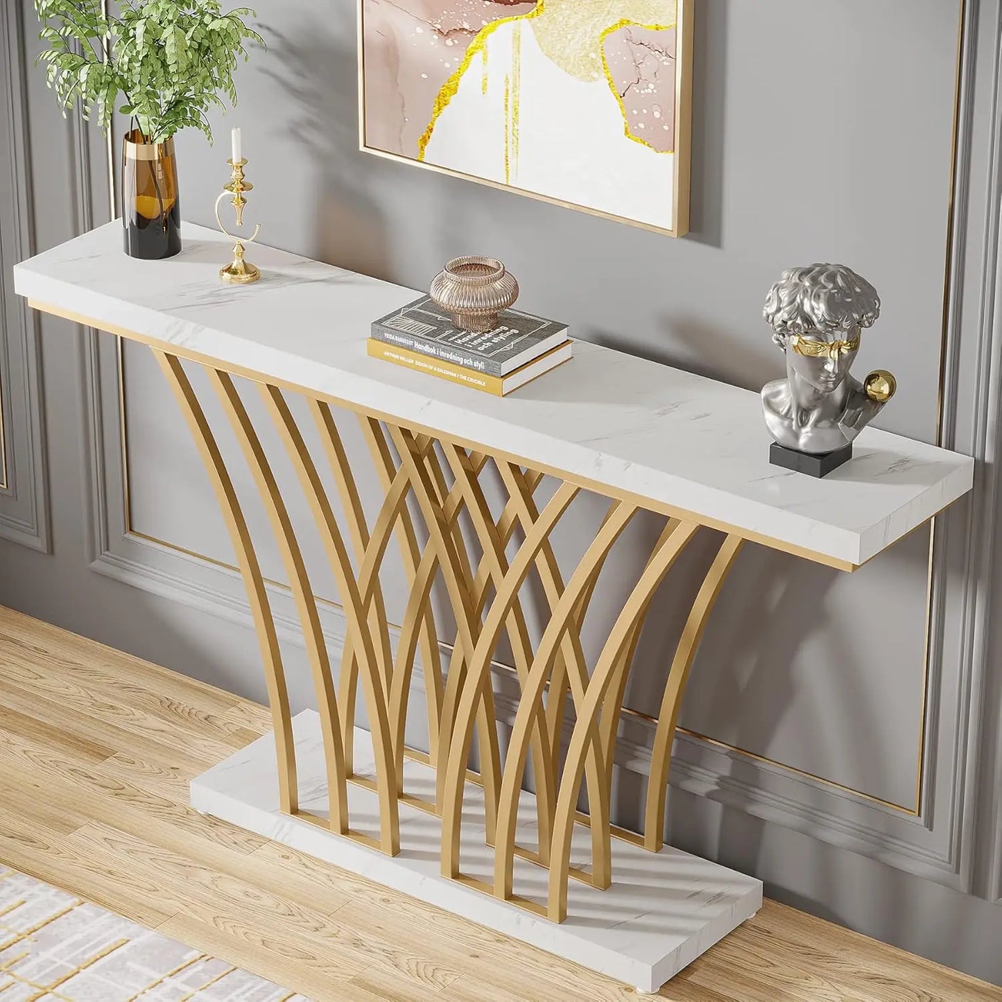 Little Tree Console Table With Grid Metal Base For Entryway