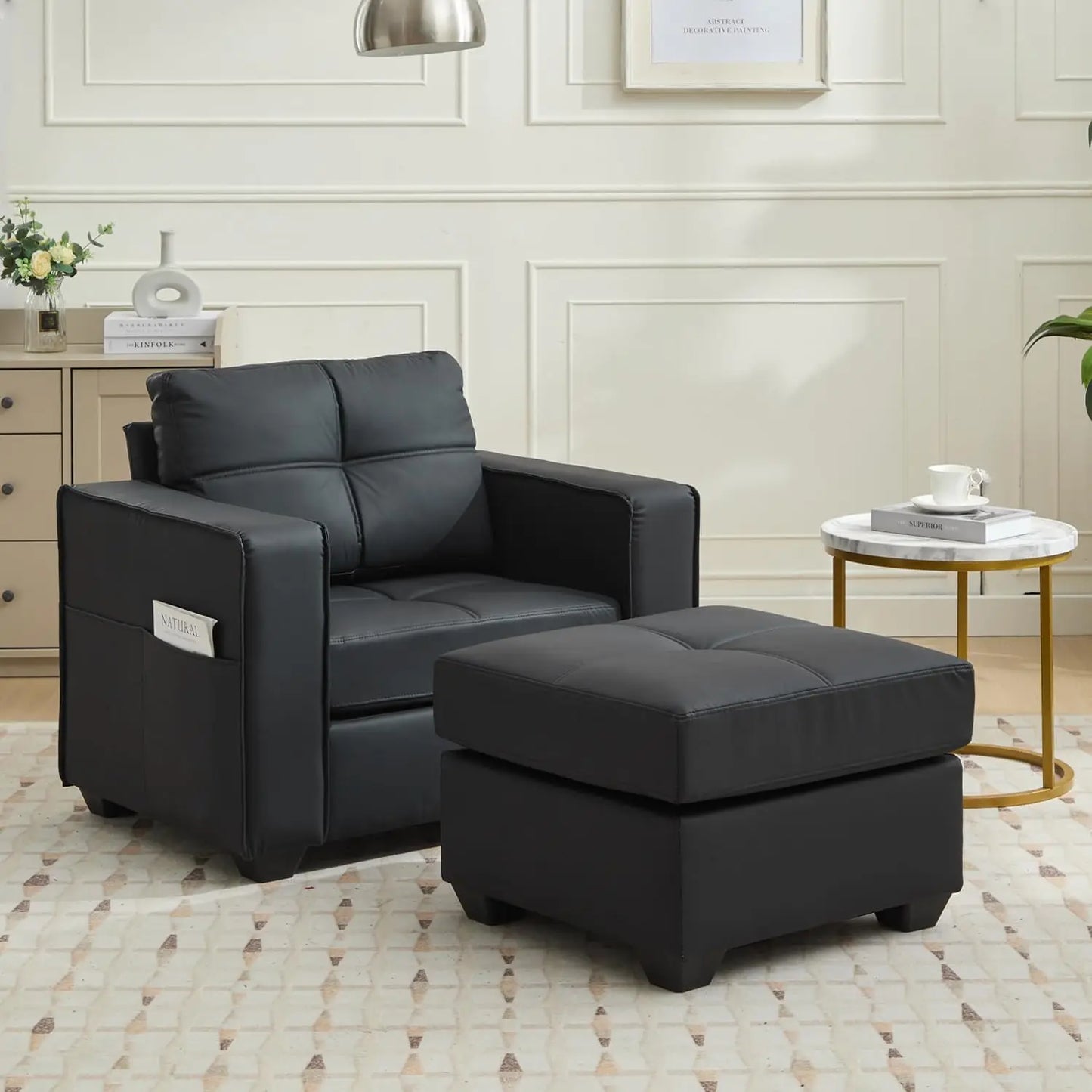 Ticify Linen Lounge Chair With Ottoman And Pockets
