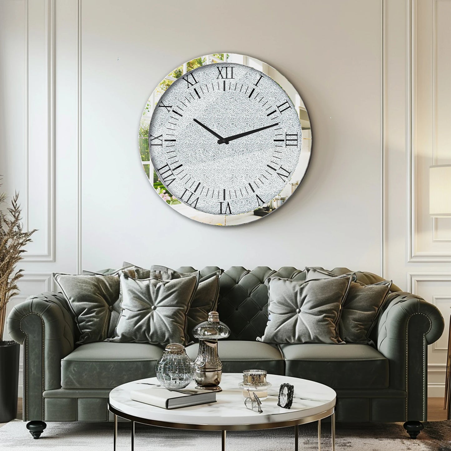 Mirrored Round Wall Clock Crystal Diamond Beveled Glass