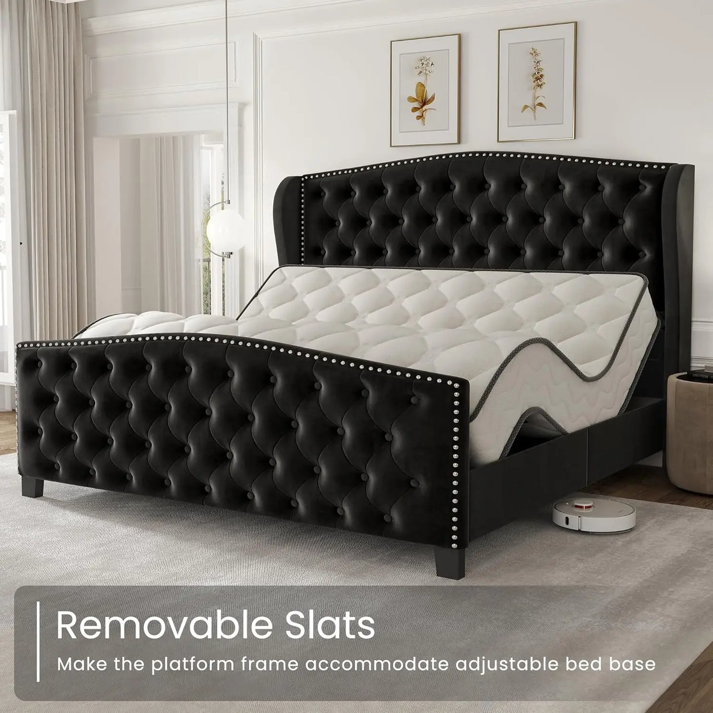 Velvet Platform Bed With Wingback Headboard Tufted Wood Slats