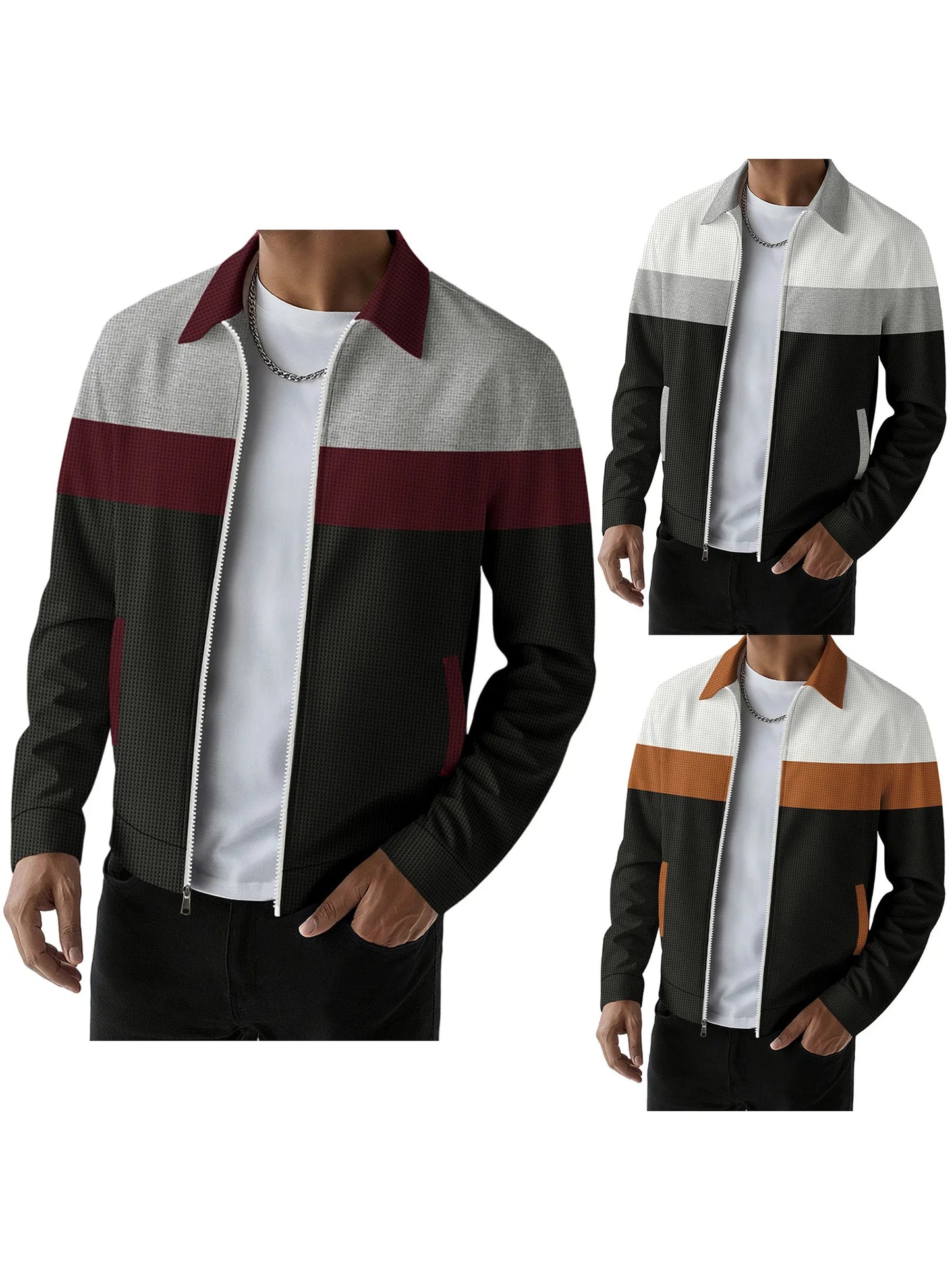 Guangdong Mens Casual Zip Up Jacket With Patchwork Design Pockets Lapel Collar