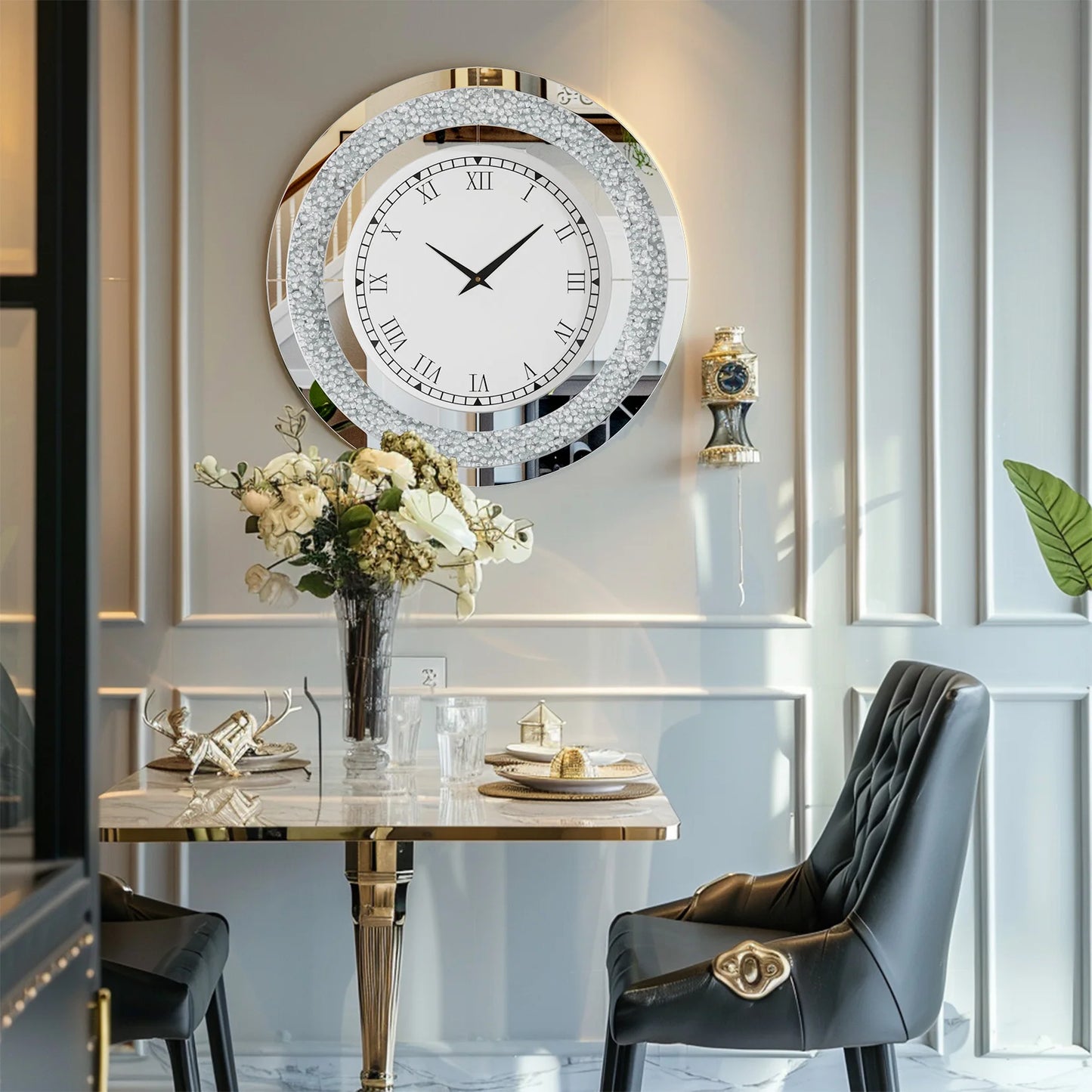 Combination Round Mirror Wall Clock Crystal Sparkle