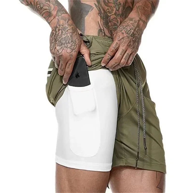 Double Layer Fitness Shorts For Men Quick Dry Training