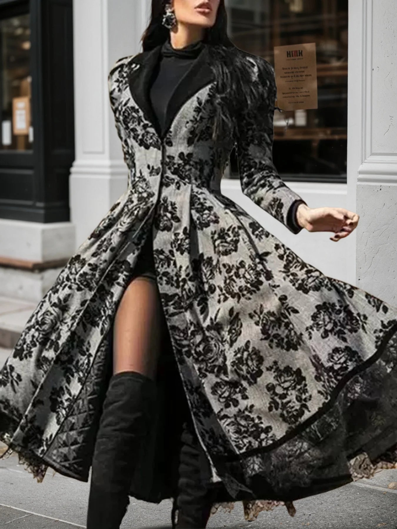 Women's Retro Floral Lace Patchwork Long Jacket With V Neck