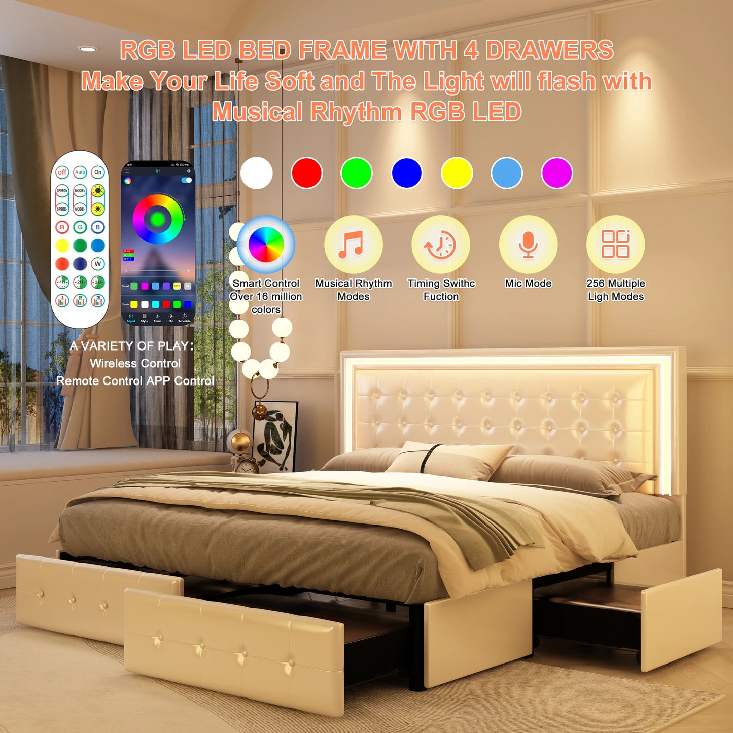 GEGOFORU Queen LED Bed Frame With 4 Storage Drawers Headboard