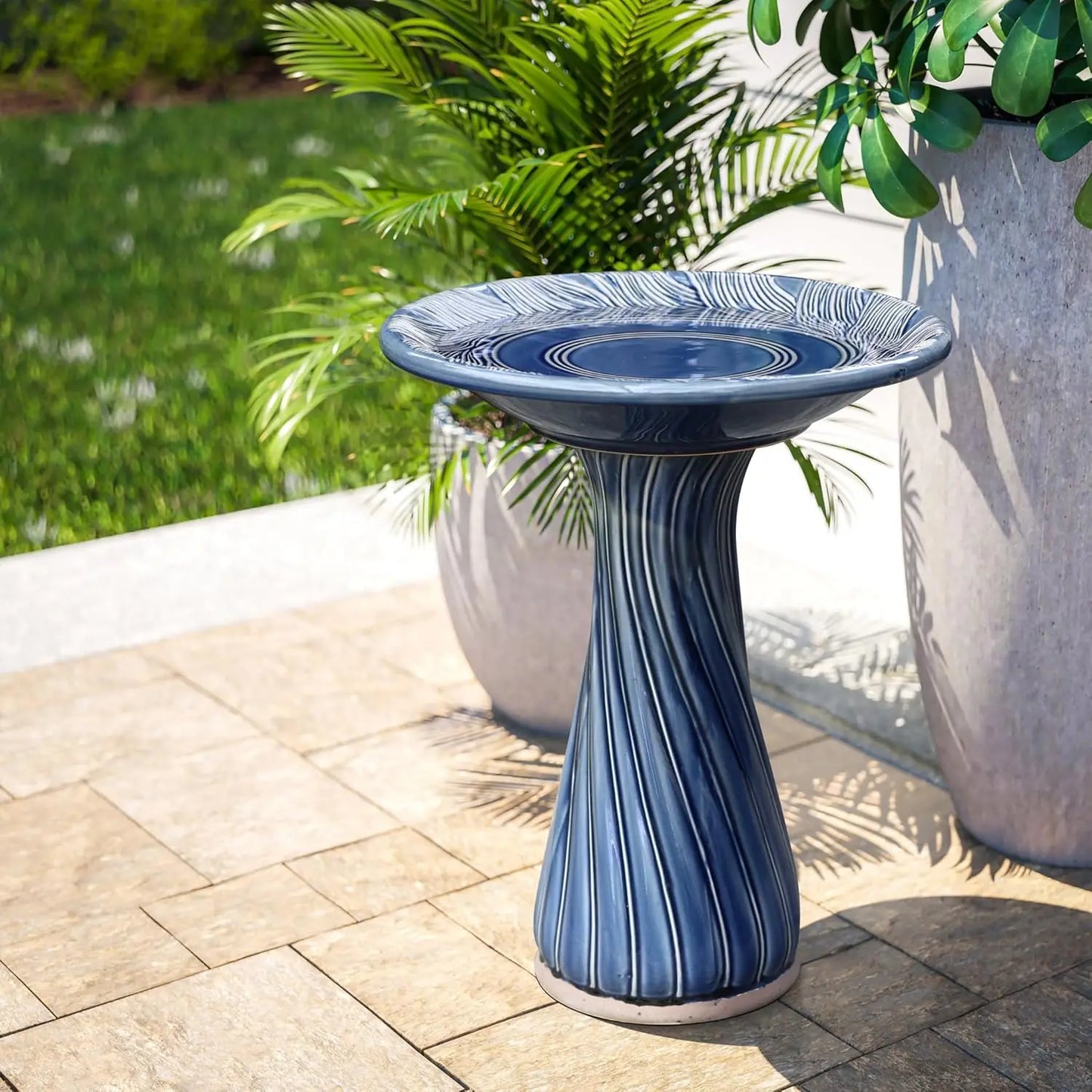 Ceramic Outdoor Bird Bath Pedestal Glazed Leaves Swirl