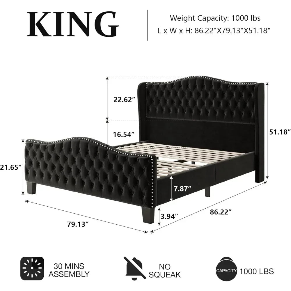 Platform Bed Frame With Upholstered Wingback Headboard