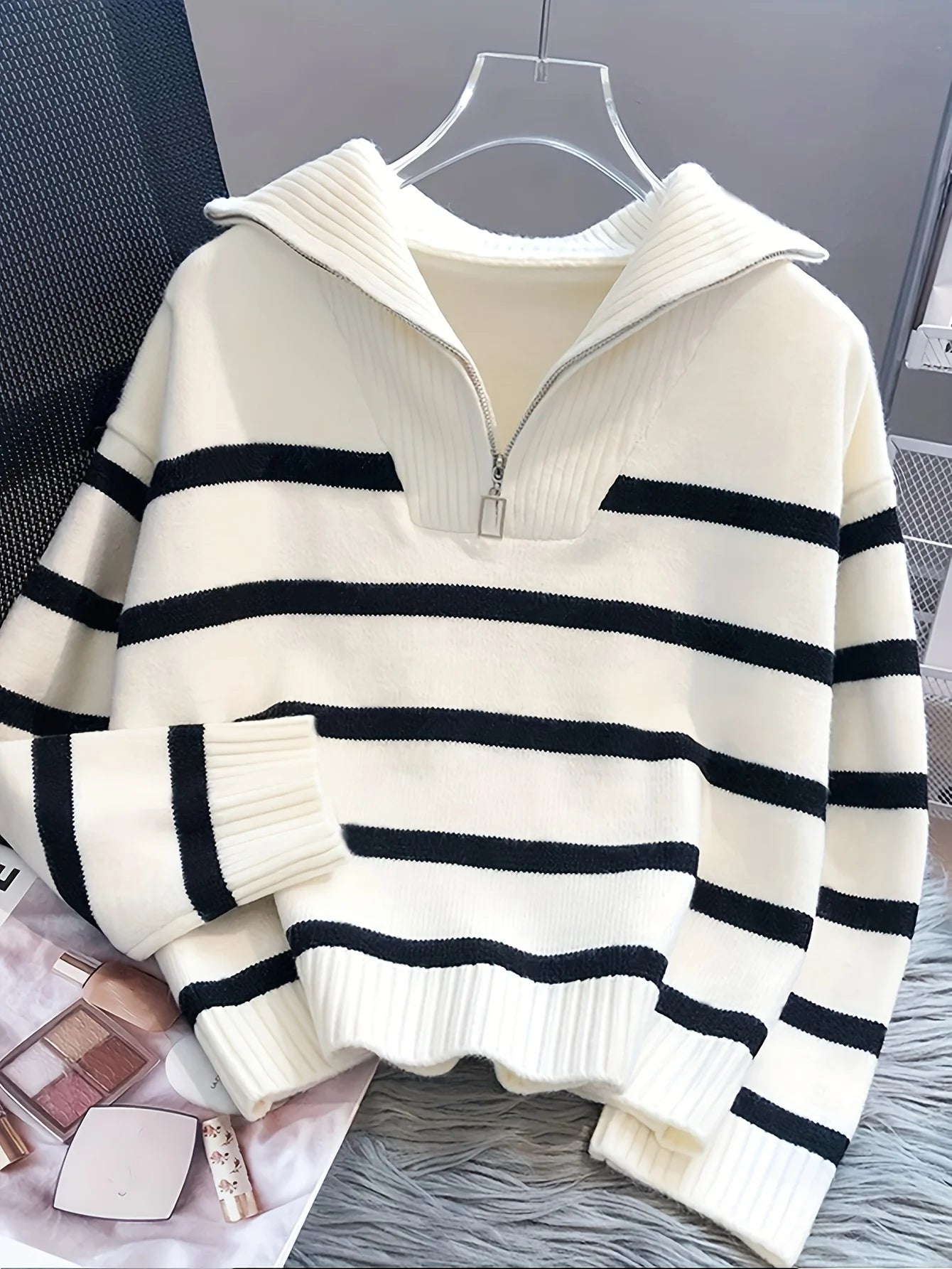 CakuloCN Autumn Winter Knit Striped Zipper Women's Pullover Sweater