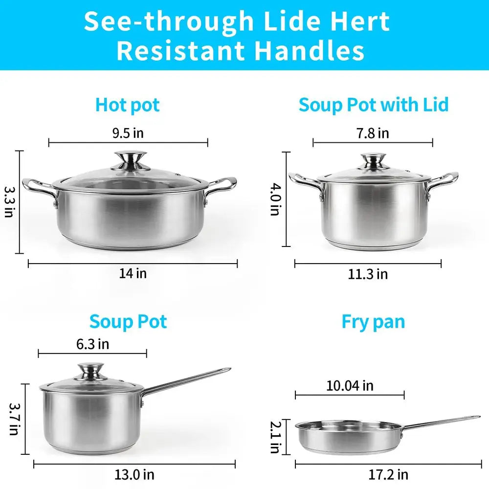 Stainless Steel 7 Piece Pots And Pans Set With Glass Lids Induction Compatible