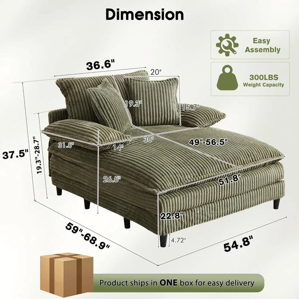 Corduroy Sleeper Sofa Chaise Lounge With 5-Position Backrest