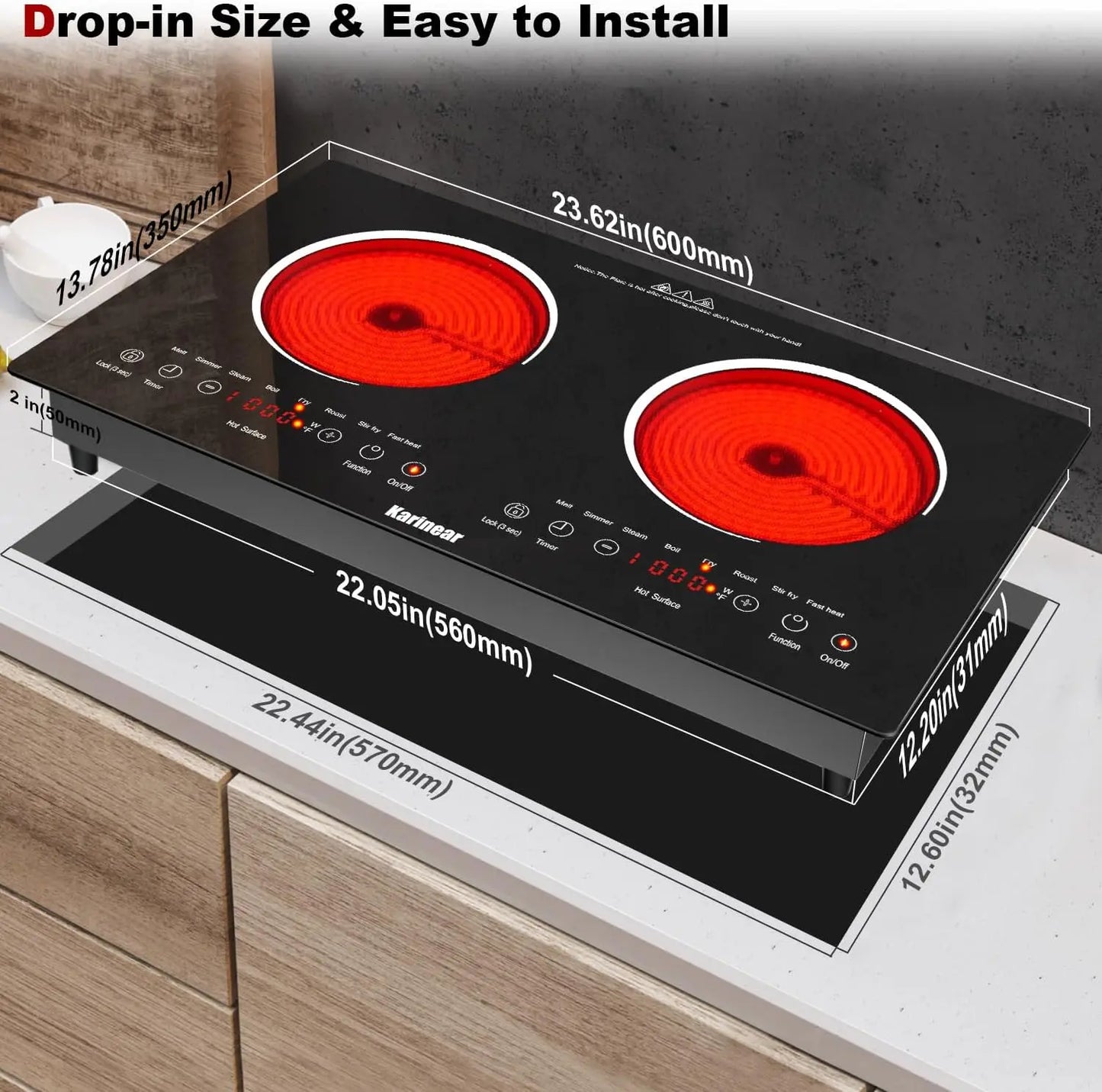 Karinear 2 Burner Ceramic Electric Cooktop Dual Voltage Plug