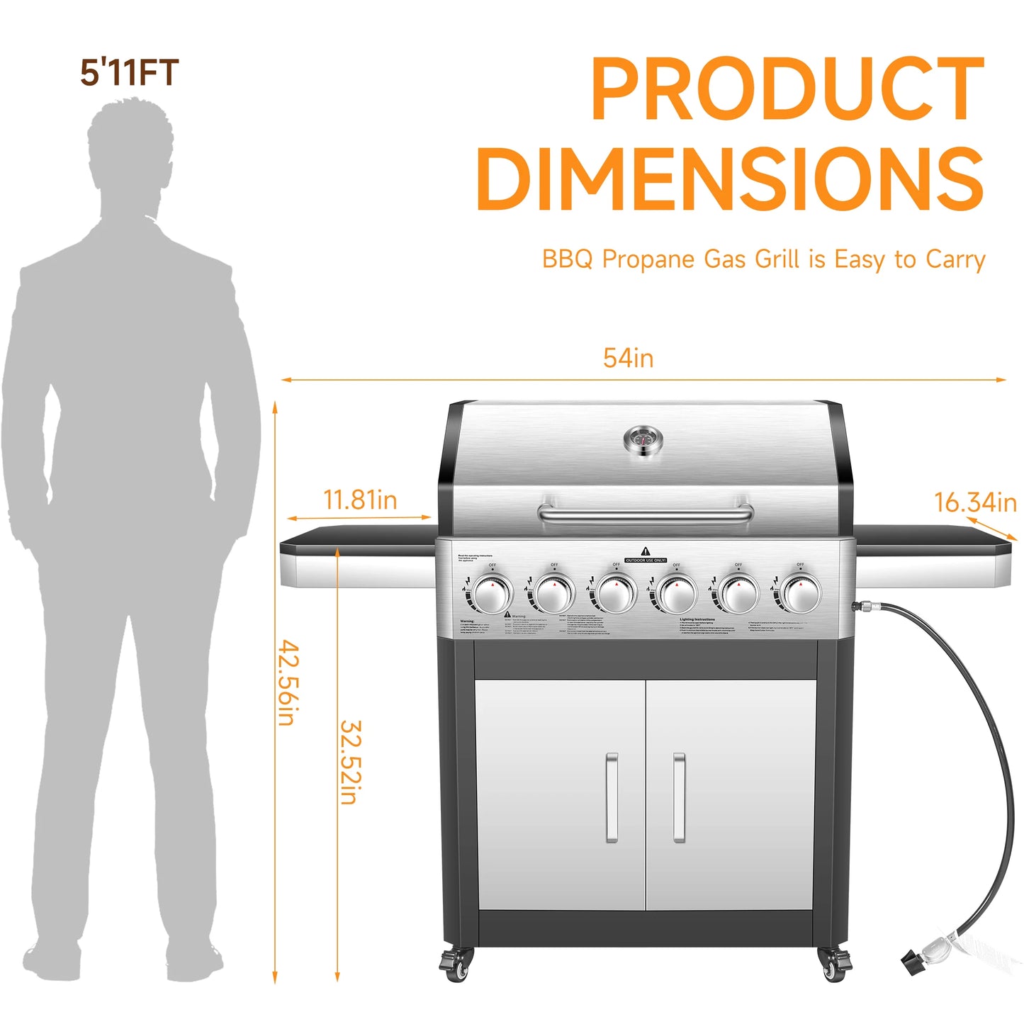 Six Burner Propane Gas Grill With Cabinet And Warming Rack