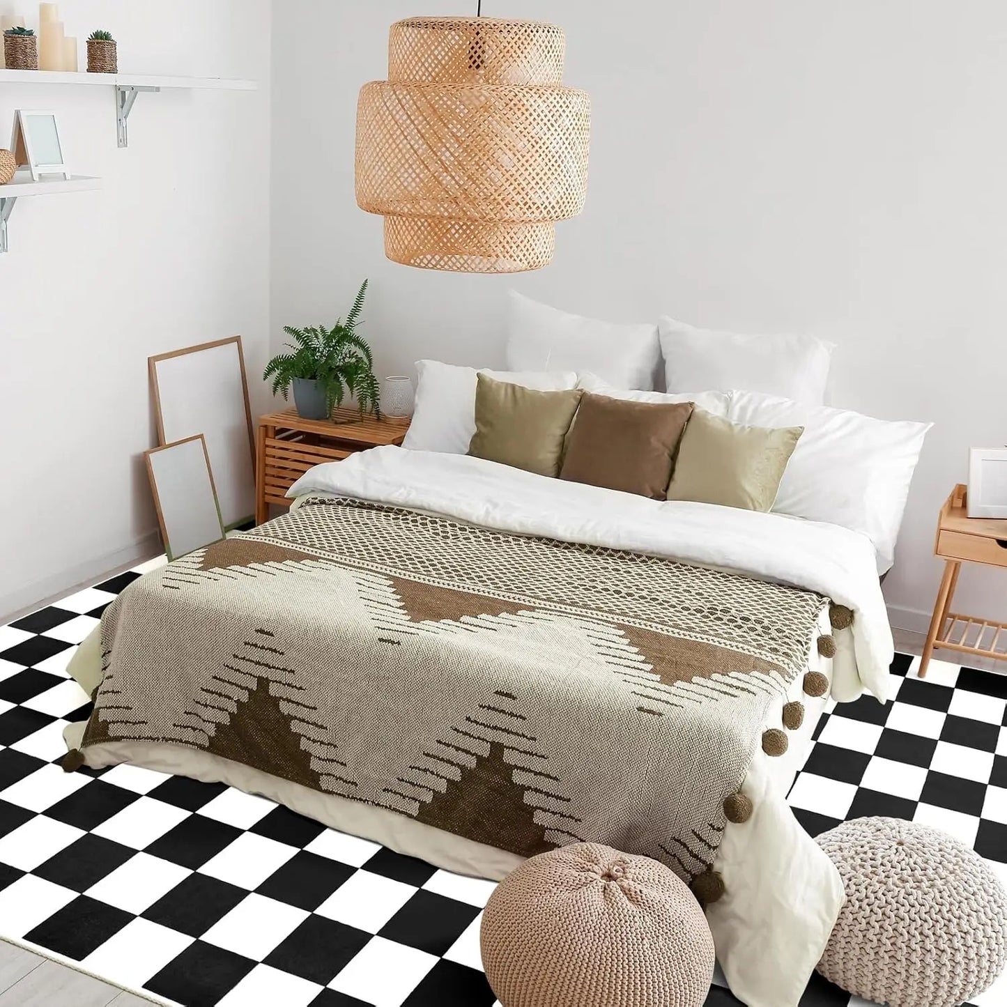 Noahas Checkered Geometric Rug Non Slip Low Pile Washable