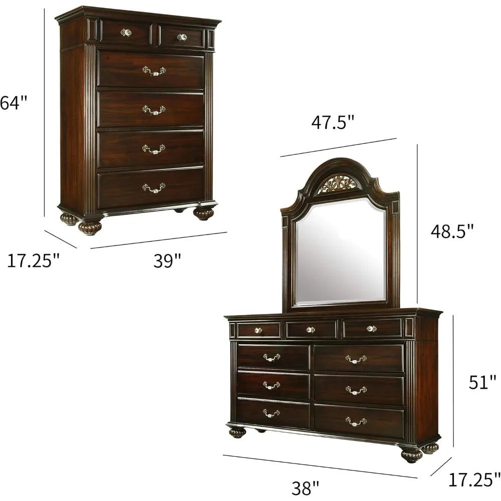 Solid Wood 6-Piece Bedroom Set With Chest And Mirrored Dresser