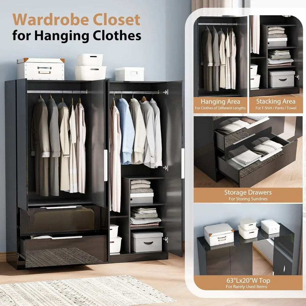Ticify High Gloss Wardrobe With Mirror Four Doors Drawers