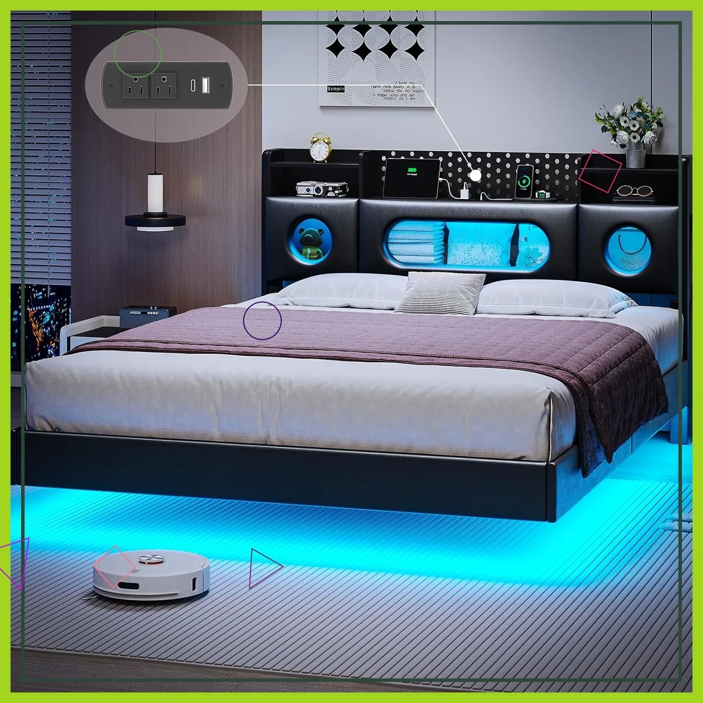 Floating Bed Frame Storage Headboard LED Lights And Charging Station