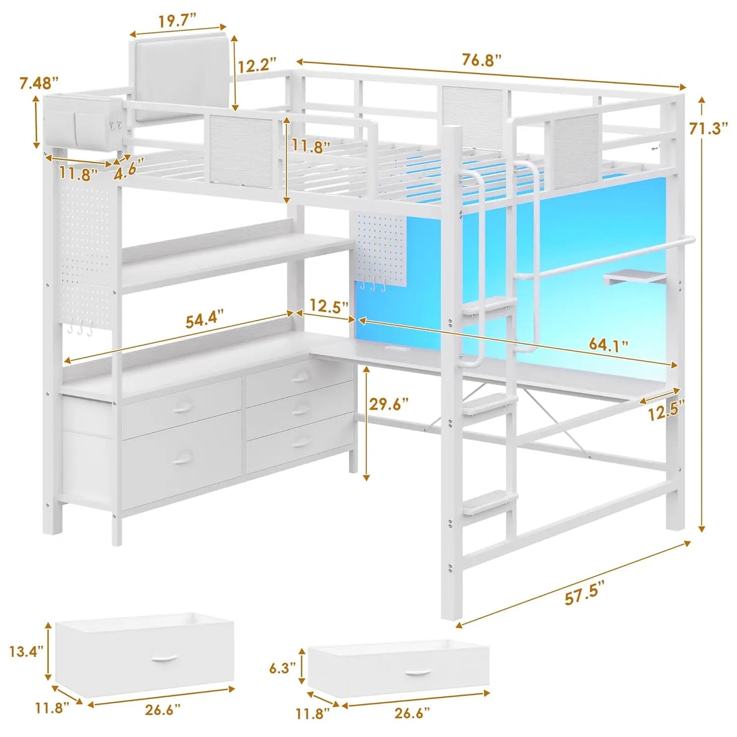 Loft Bed Desk With 5 Drawers Heavy Metal Charging Station and Pegboard