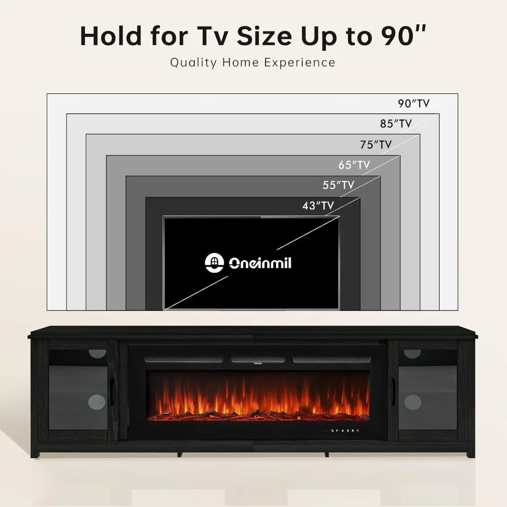 Electric Fireplace TV Stand With Adjustable Shelf And Glass Doors