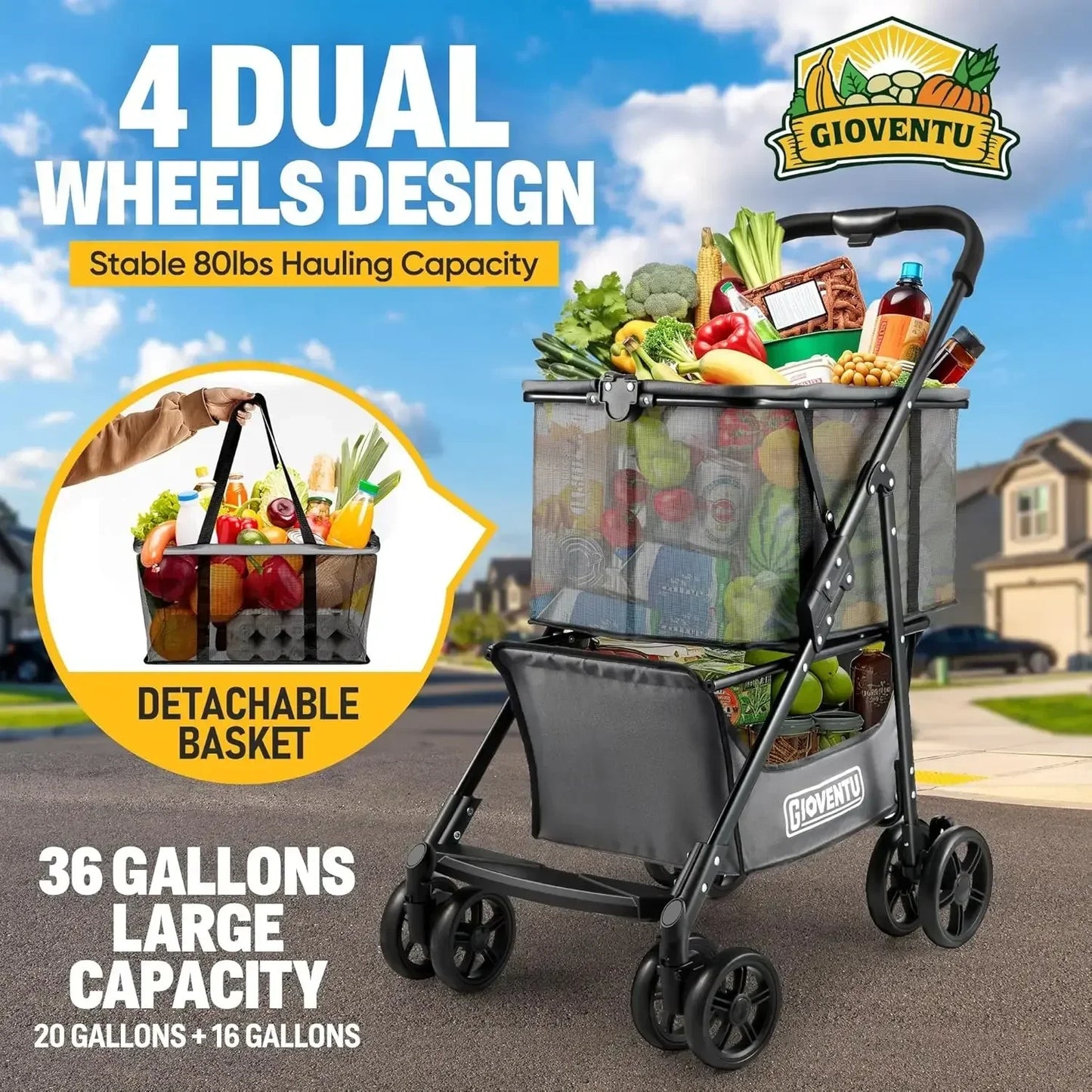 XMSJ Folding Shopping Cart With Wheels 80lb Capacity
