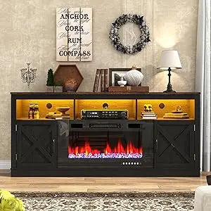 Farmhouse TV Stand With Glass Fireplace LED Entertainment Center
