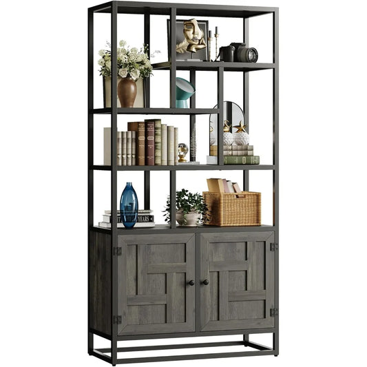 Ironck 6 Tier Tall Bookshelf With Doors Storage Cabinet