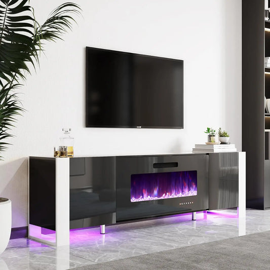 XMSJ Fireplace TV Stand with LED Lights and High Gloss