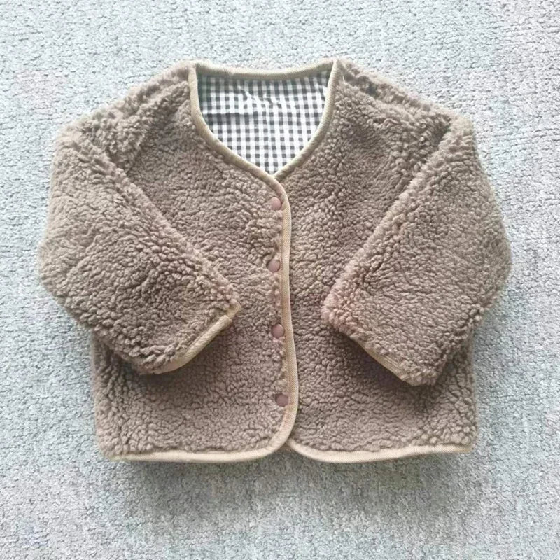 HoneyCherry Plush Plaid Reversible Kids Jacket Autumn Winter Warm Coat