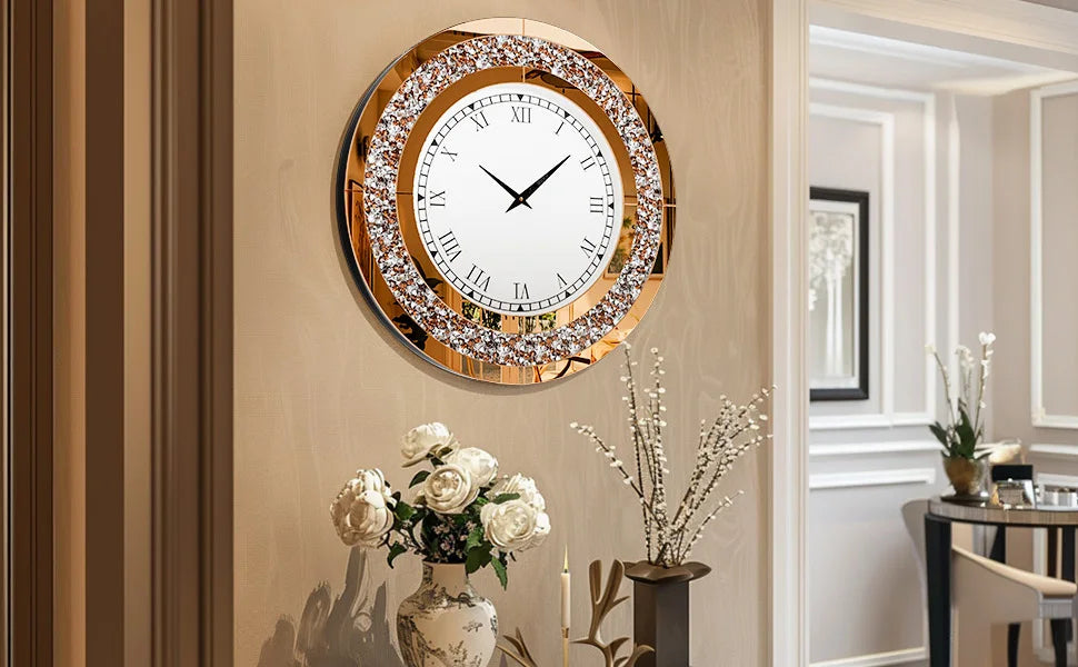 Round Mirrored Wall Clock With Crystal Sparkle Diamond Accents For Living Room