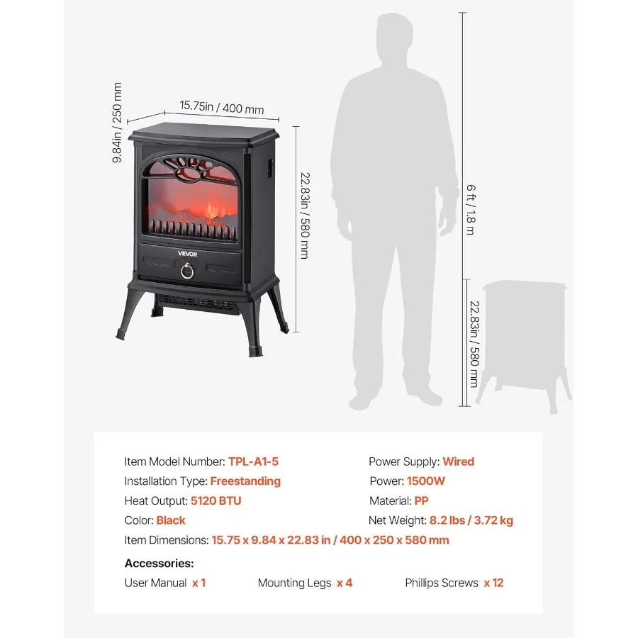 XMSJ Freestanding Electric Fireplace Stove Heater 1500W Realistic Flames