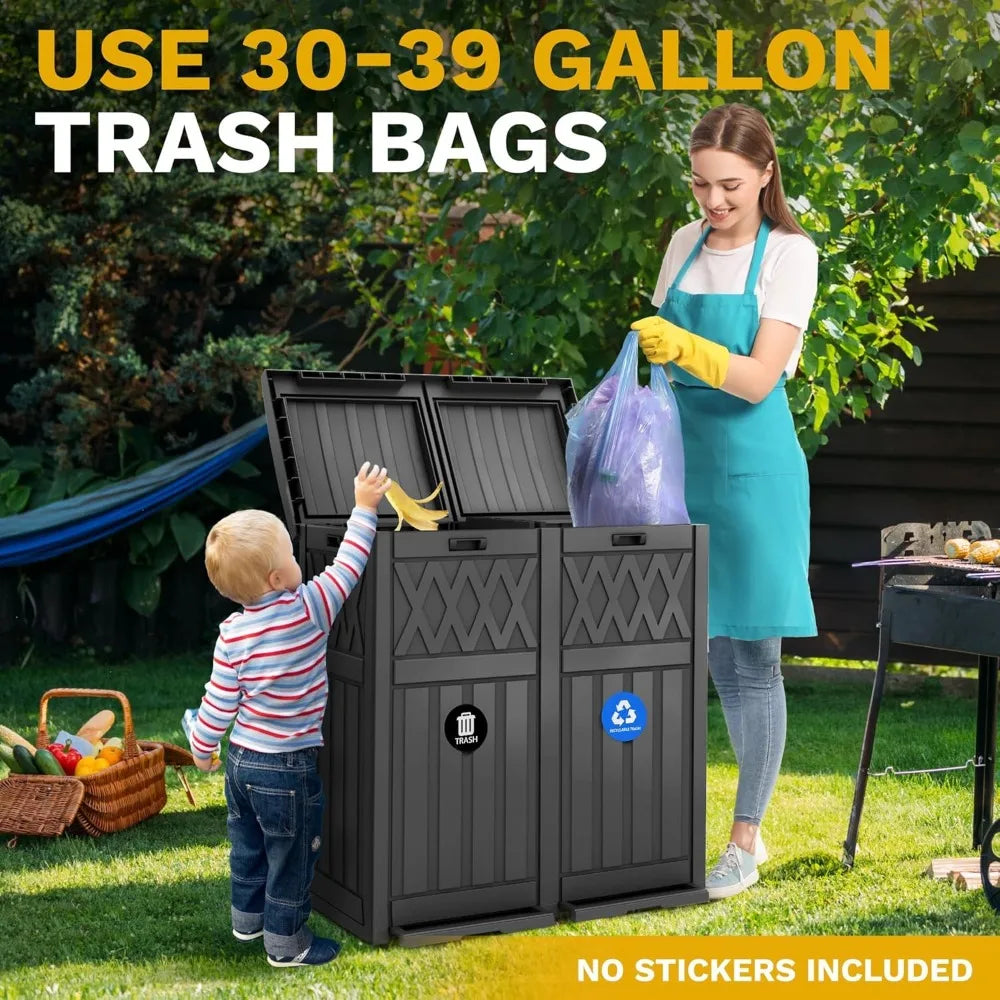 66 Gallon Double Bin Outdoor Trash Can With Tiered Lid