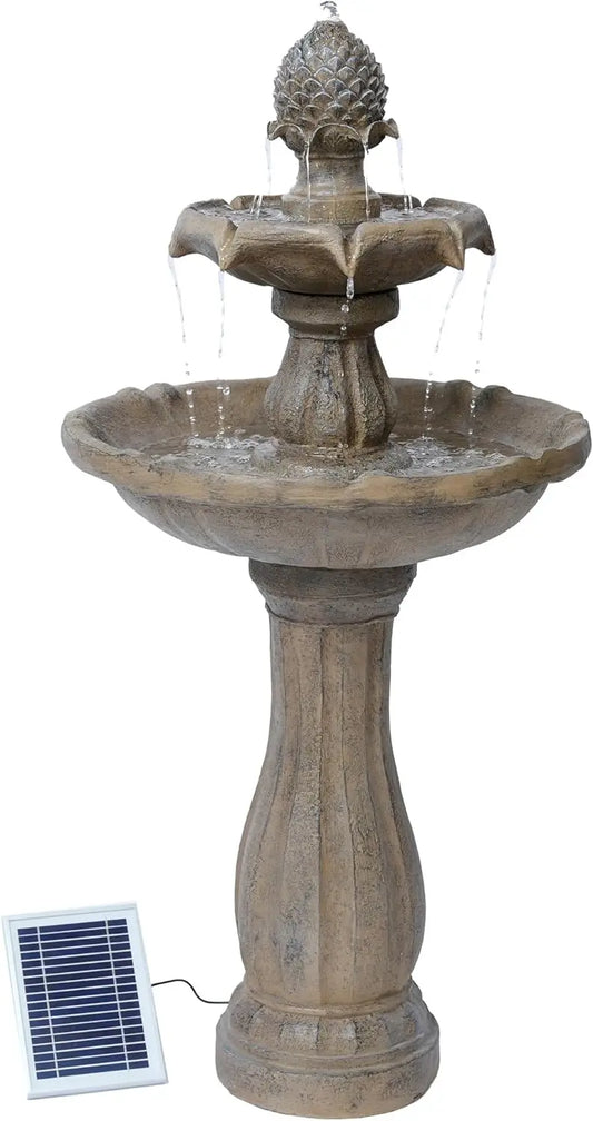 Solar Powered Two-Tier Outdoor Fountain Fiberglass Resin Bird Bath