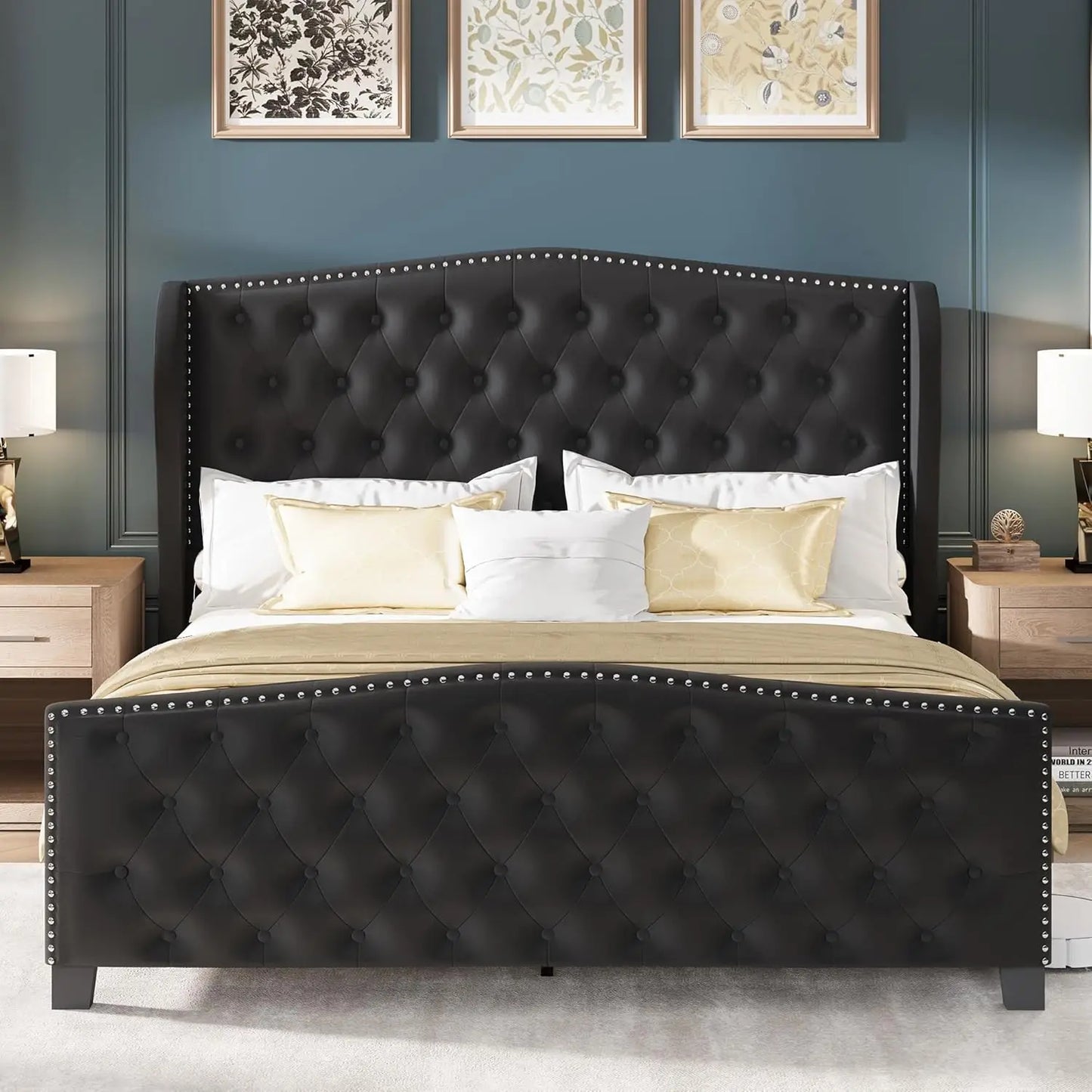 Velvet Platform Bed With Wingback Headboard Tufted Wood Slats