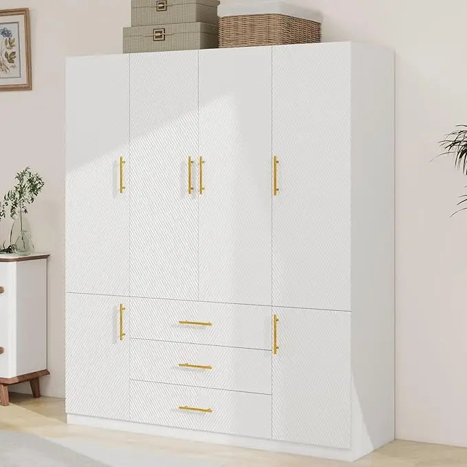 Armoire Wardrobe With 4 Doors 3 Drawers Mirror Hanging Rod
