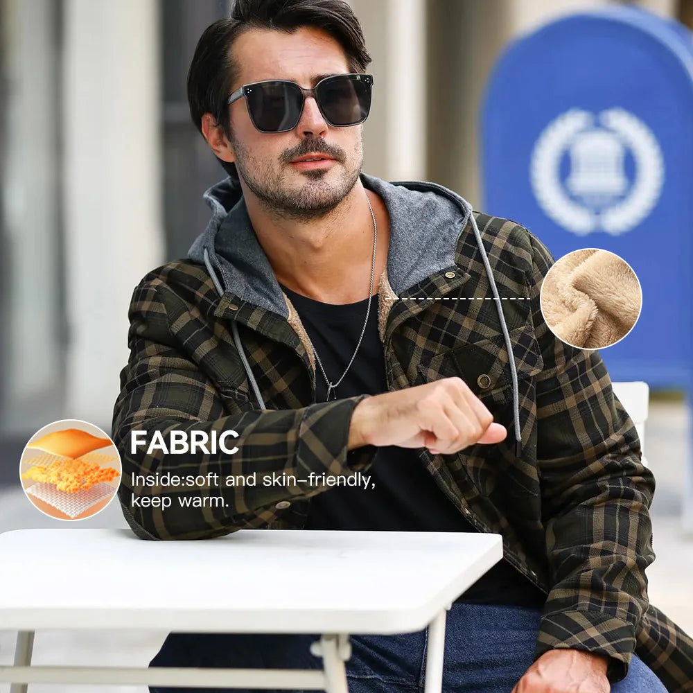 Fujian Mens Winter Hooded Coat Sherpa Lined Plaid Flannel Jacket