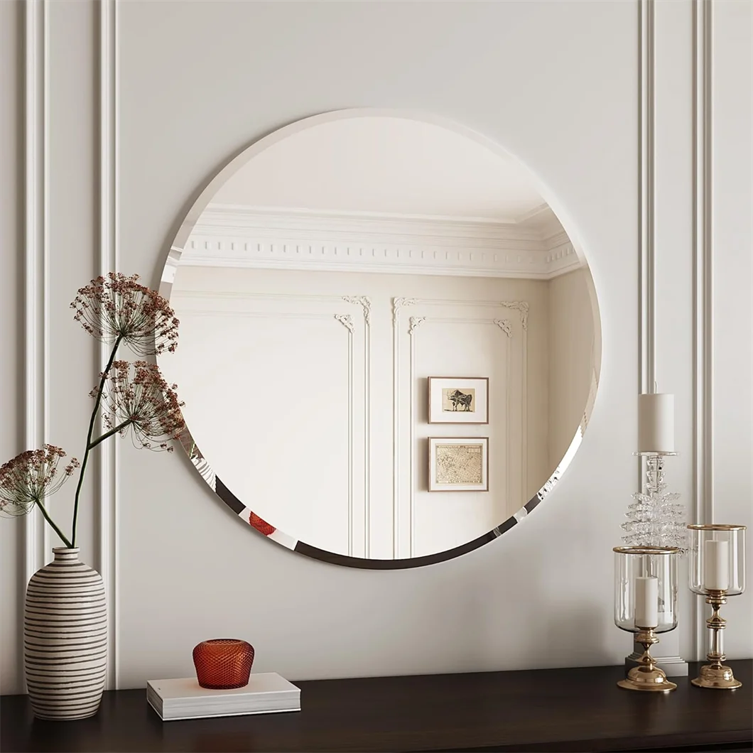 BORWART Round Wall Mirror Frameless Beveled Edge Bathroom
