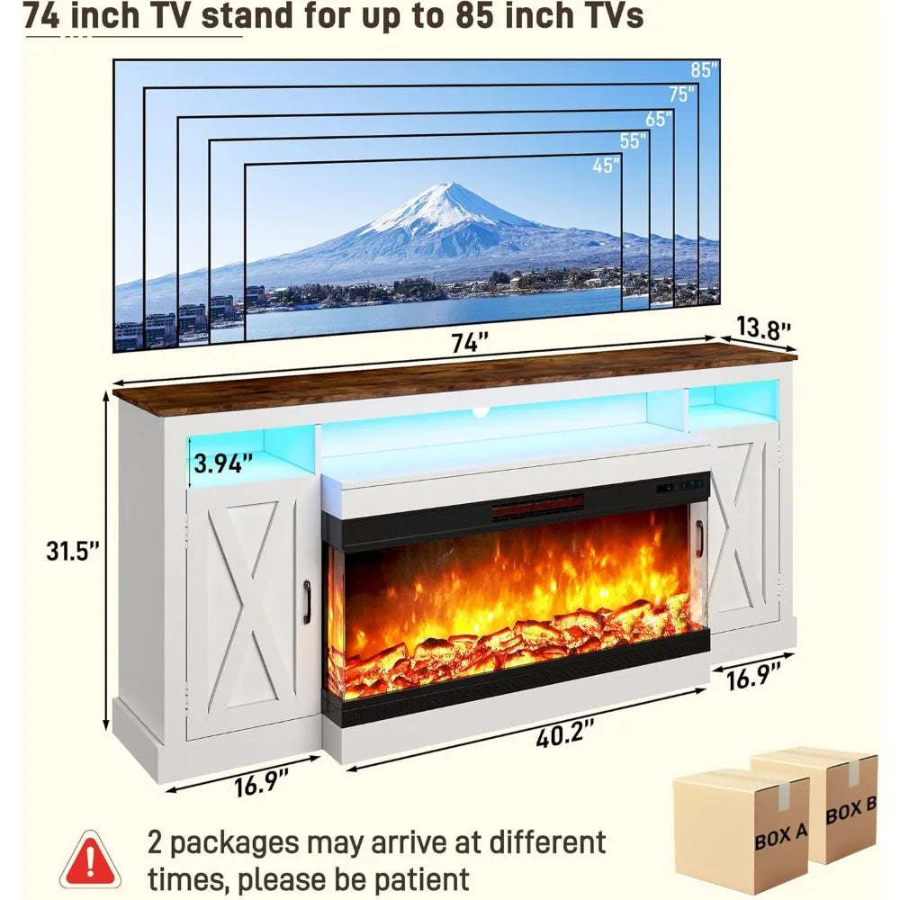 Farmhouse TV Stand With Glass Fireplace LED Entertainment Center