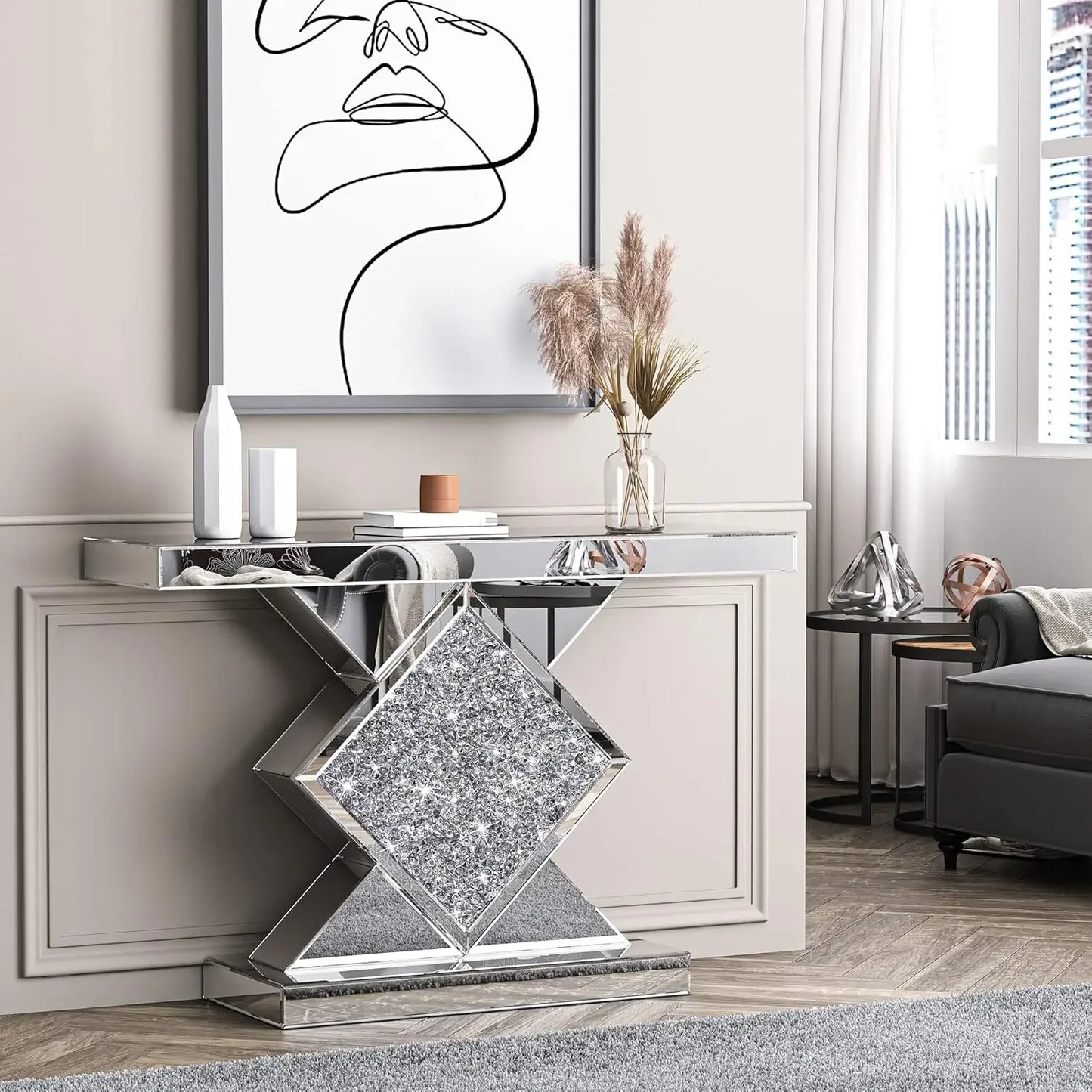 SHYFOY Mirrored Console Table With Diamond Shaped Accent For Foyer