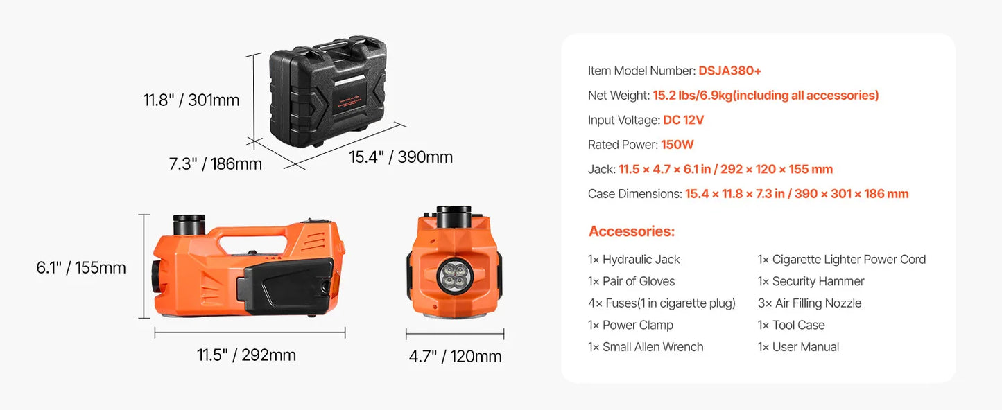 Succebuy 12V Electric Car Jack With Built-In Inflator LED Light