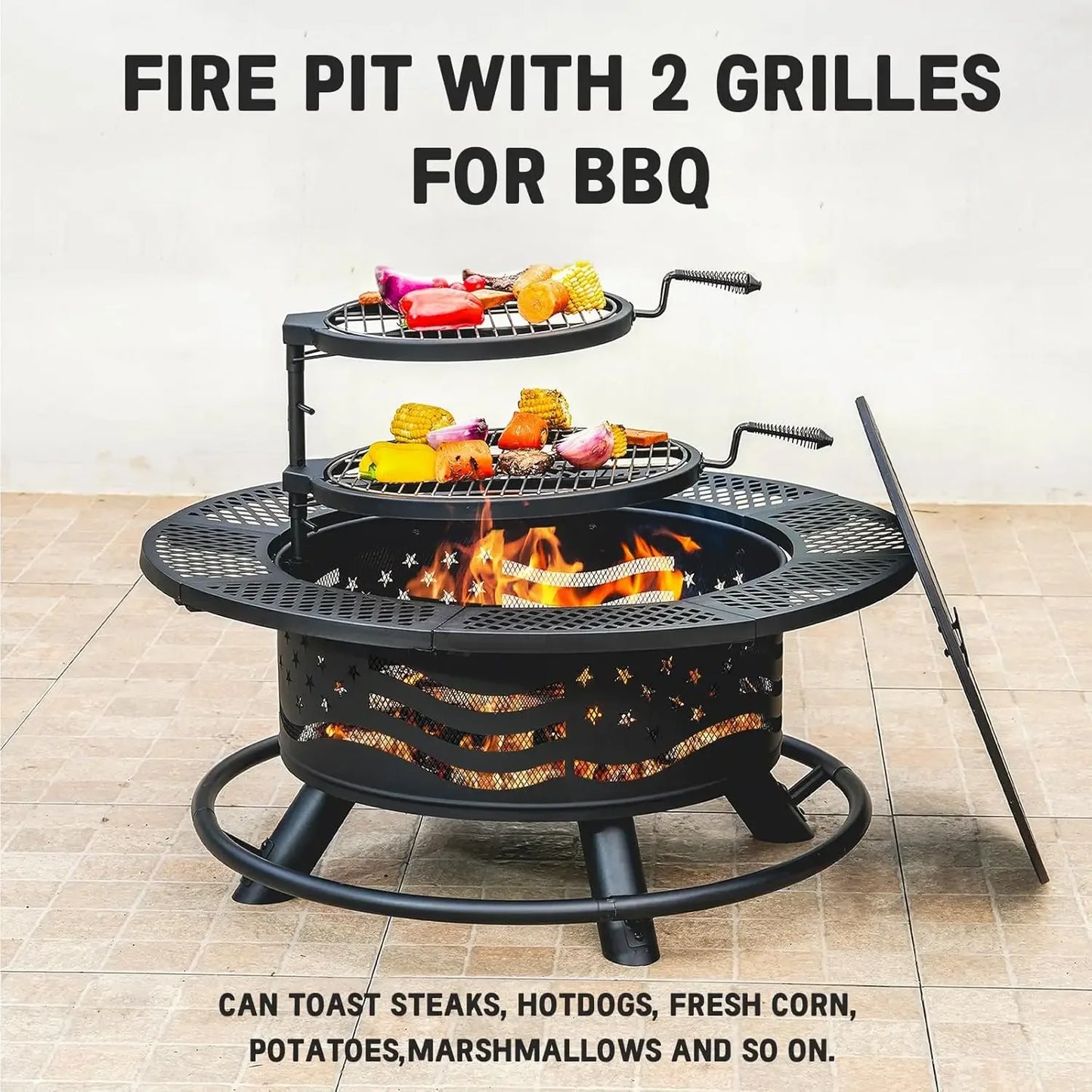 XMSJ Premium Fire Pit With 2 Cooking Grates Outdoor BBQ