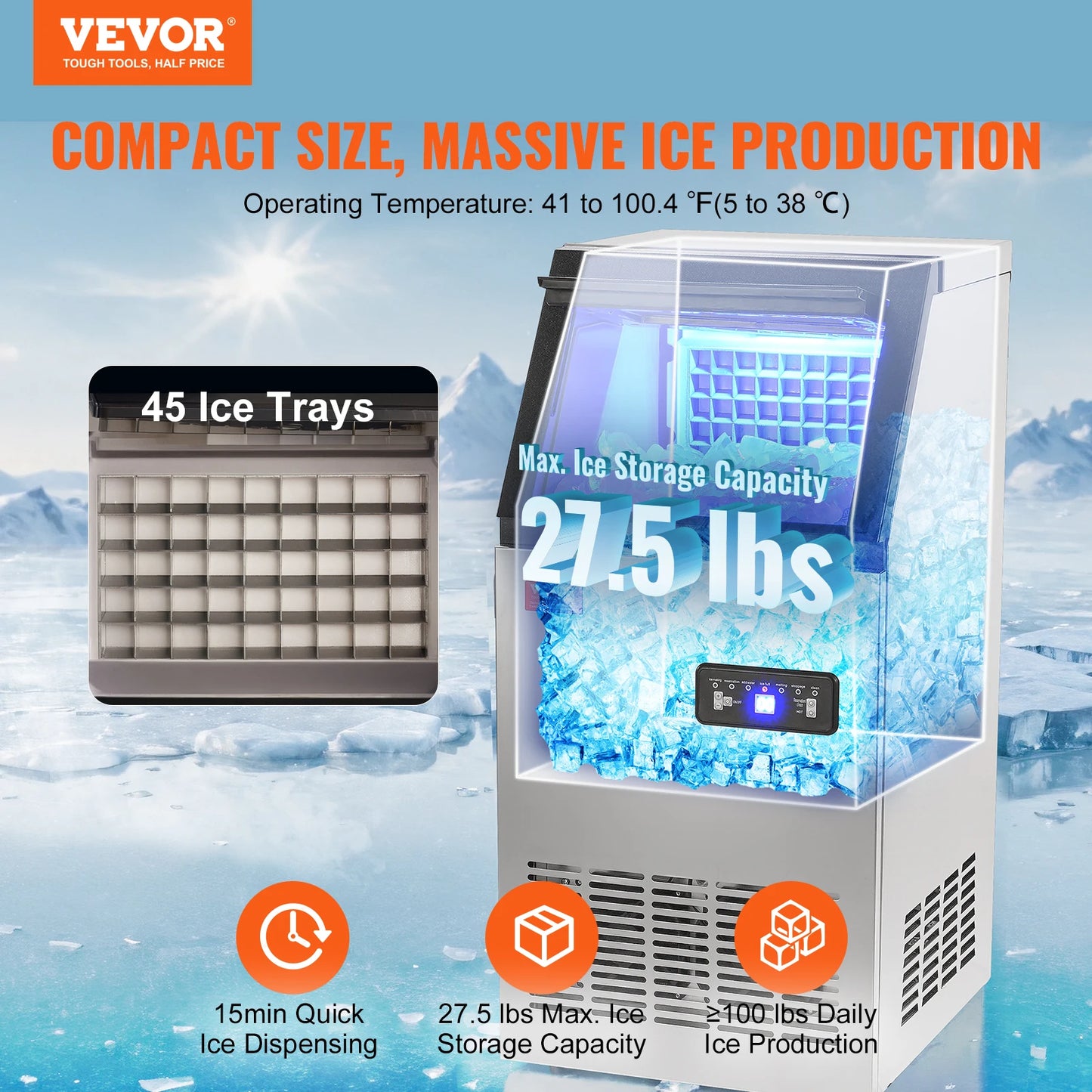 SucceBuy 100 Lbs Commercial Ice Maker Freestanding Ice Cube Maker