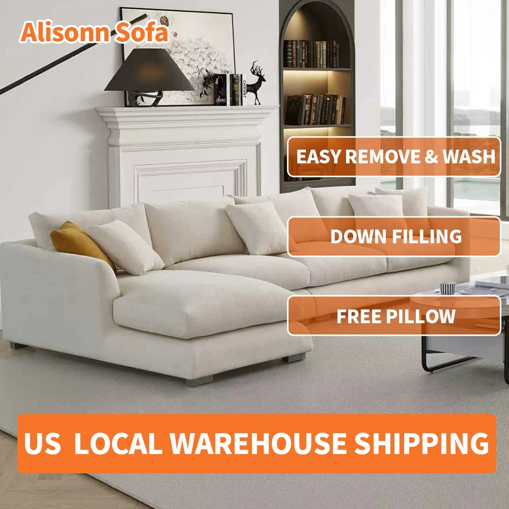 Cloud Down Filled L-Shaped Chaise Sofa Recliner Modern Linen